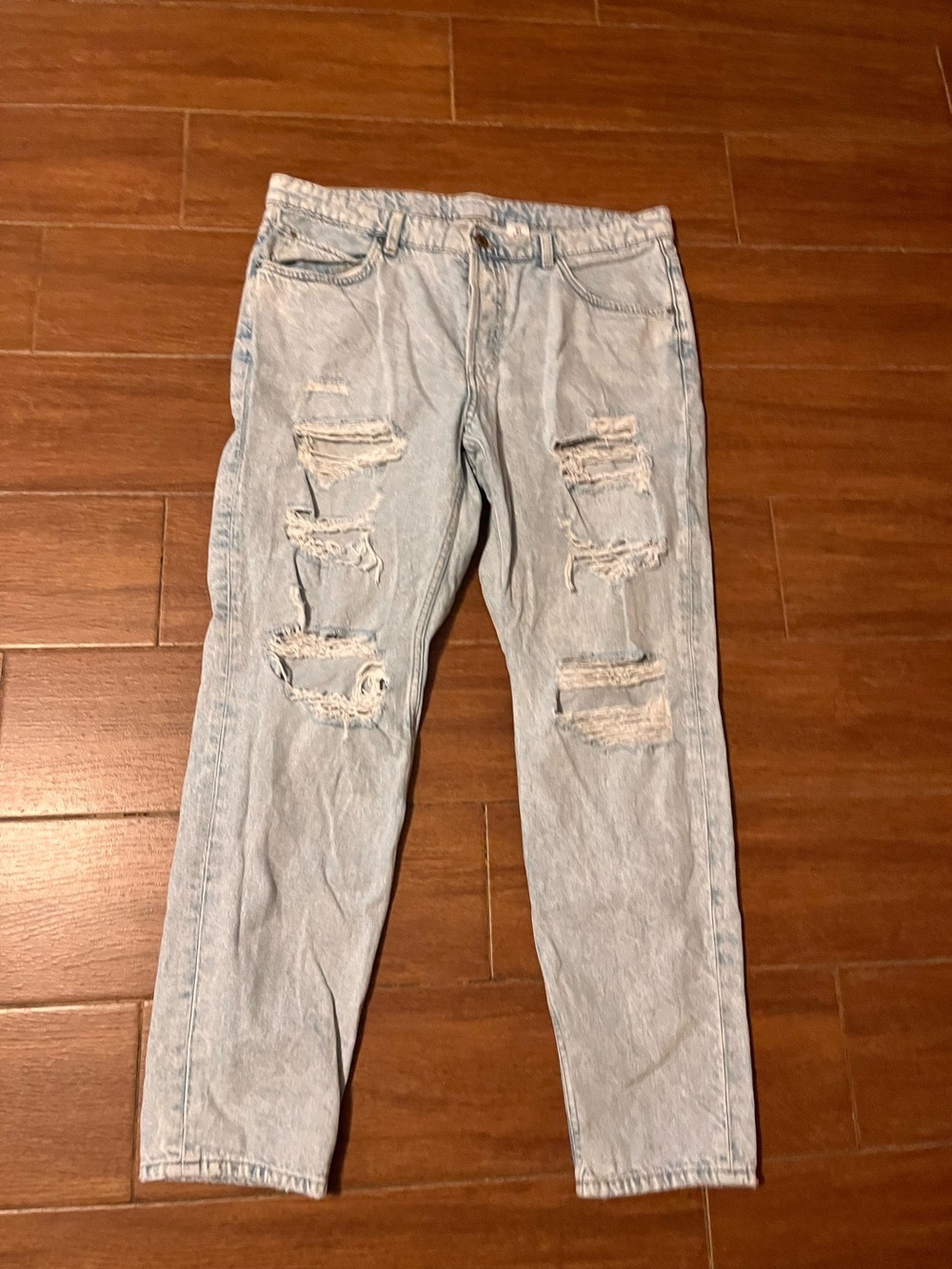 & DENIM Low Rise Boyfriend Jeans Blue Light Wash Distressed Size 12